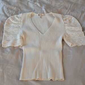 Maje Cream Ribbed Top with Lace Sleeves